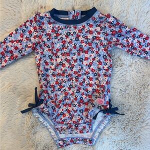 Ruffle Butts Floral Rashguard - Red, Blue, White